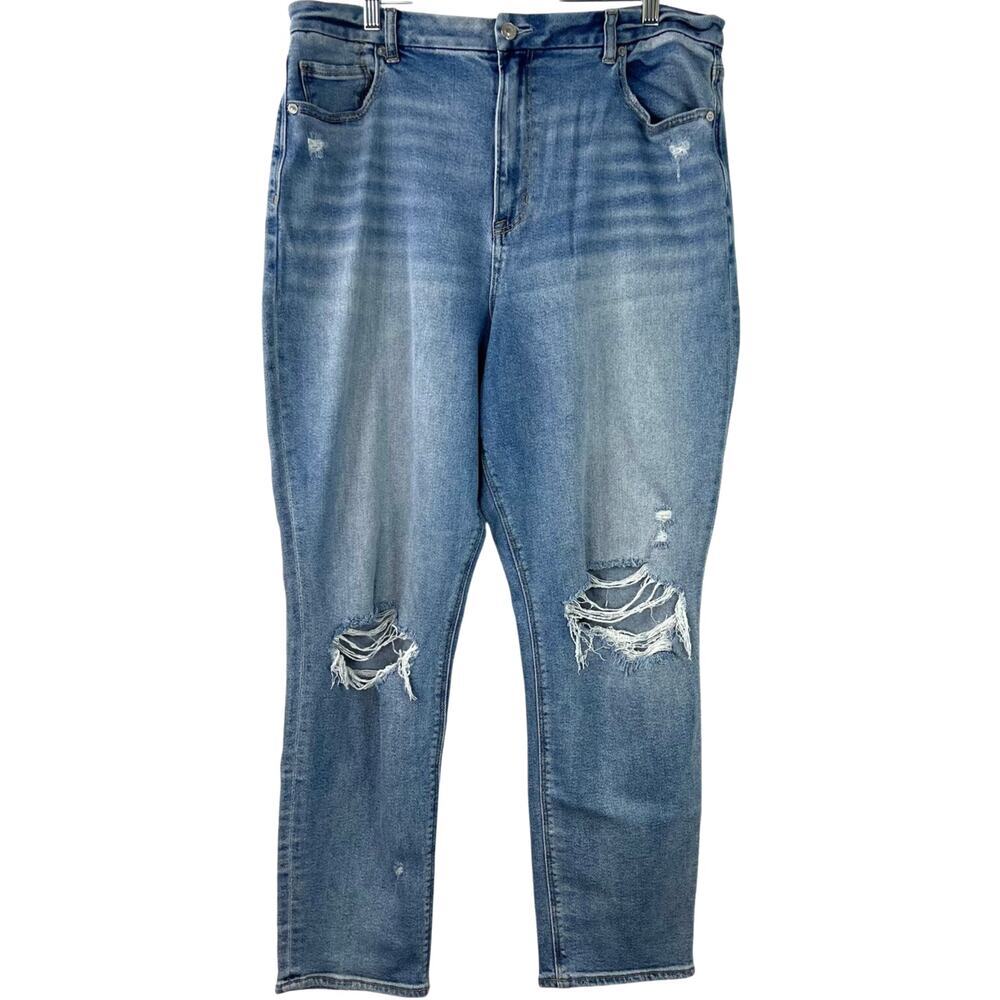American Eagle Blue Denim Curvy Mom Jean Distressed Grunge Stretch Size 18 Long